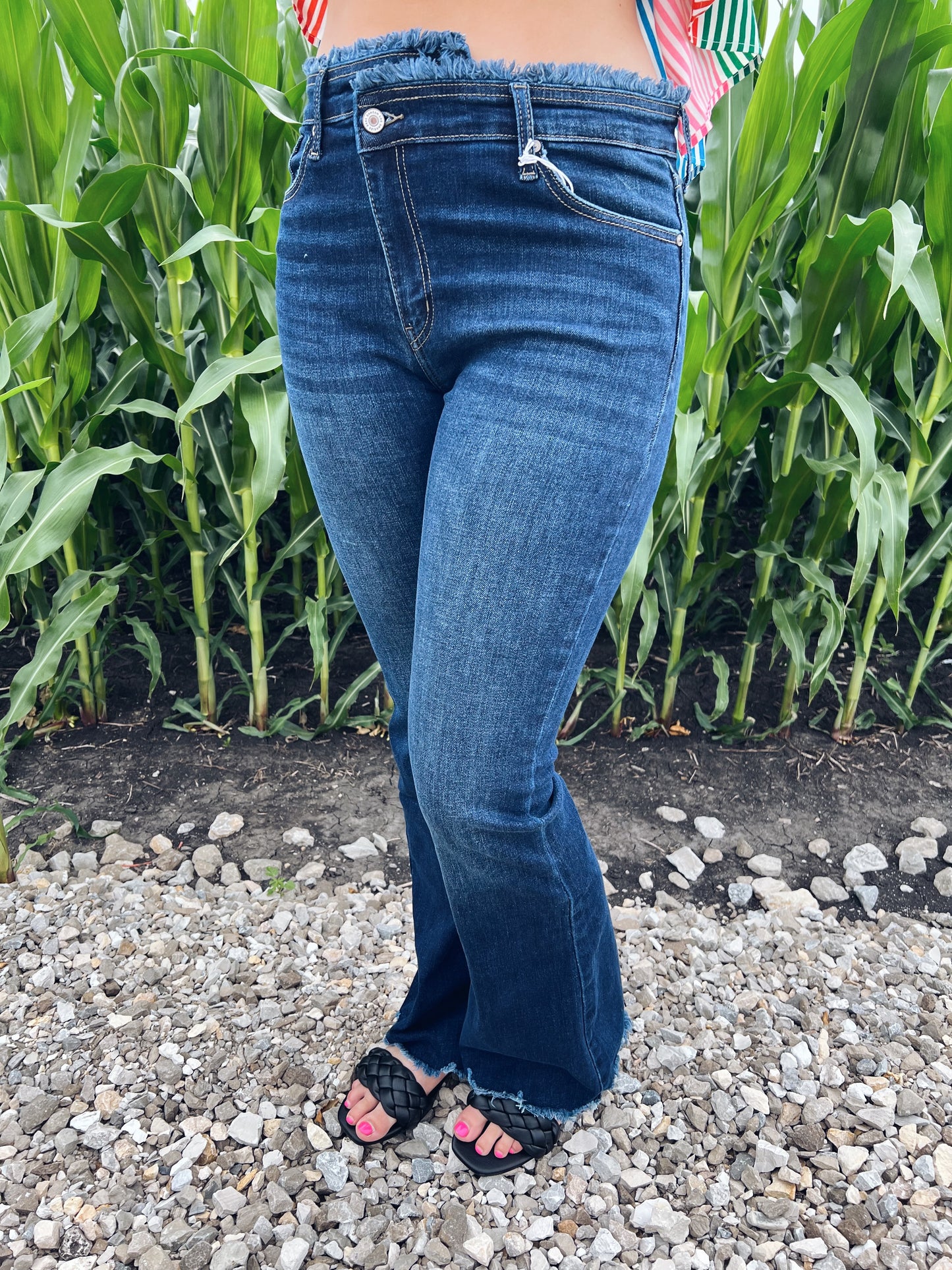 Kan Can High Rise Frayed Hem Flare