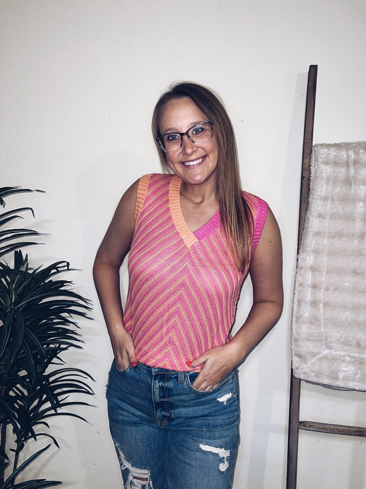 Pink Contrast Chevron Sweater Vest