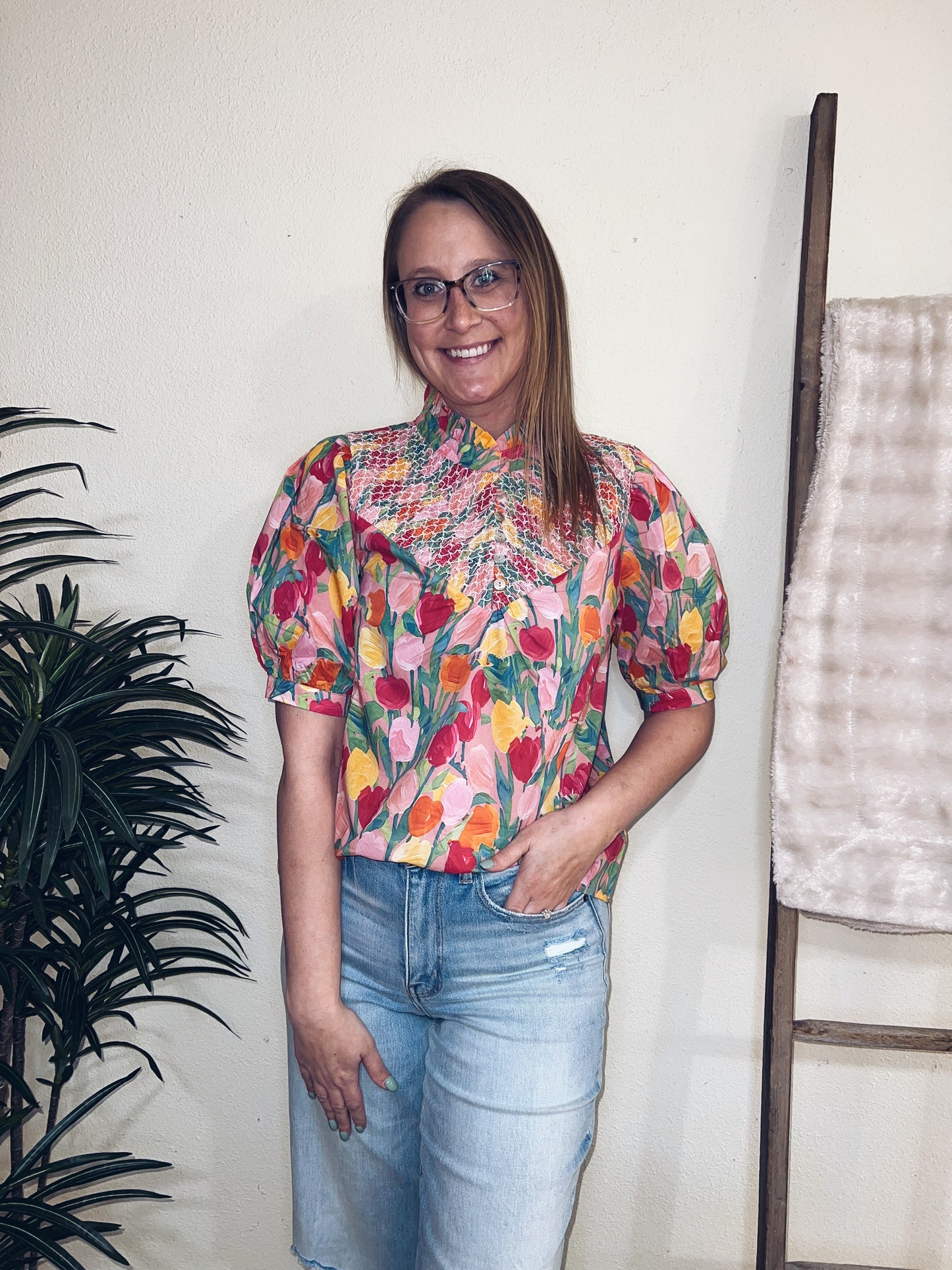 Fallon Floral Half Button-Up Top