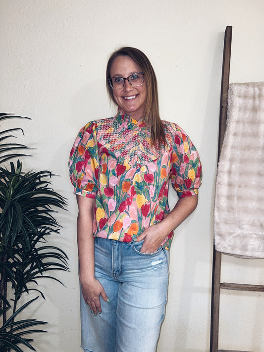 Fallon Floral Half Button-Up Top